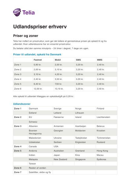 Udlandspriser erhverv Priser og zoner - Telia