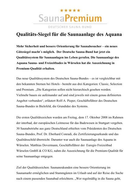 Qualitäts-Siegel für die Saunaanlage des Aquana