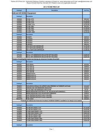 Techne 2013 Price List - Clarkson Laboratory and Supply
