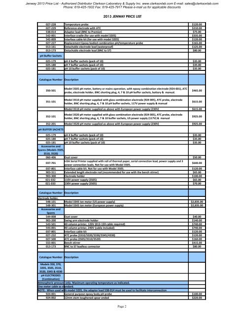 Jenway 2013 Price List - Clarkson Laboratory and Supply