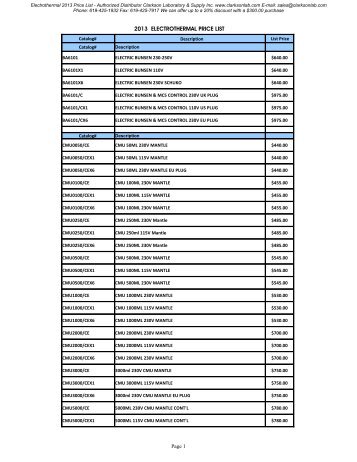 Electrothermal 2013 Price List - Clarkson Laboratory and Supply