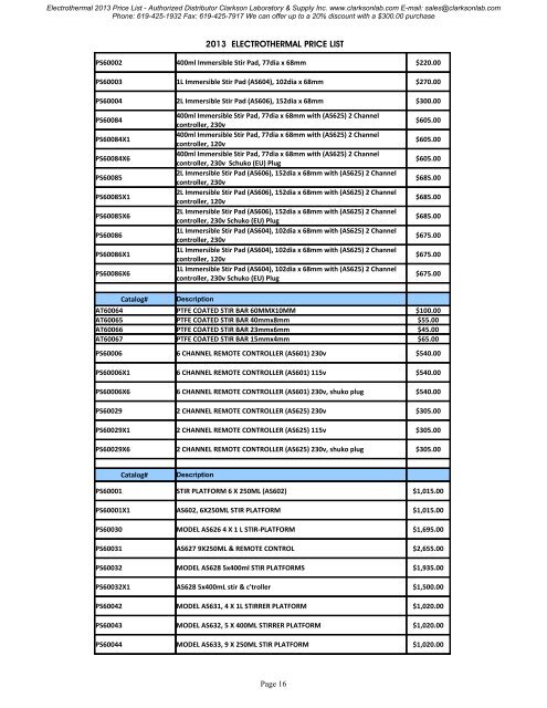 Electrothermal 2013 Price List - Clarkson Laboratory and Supply