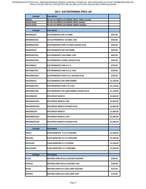 Electrothermal 2013 Price List - Clarkson Laboratory and Supply