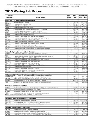 Waring Laboratory 2013 Price List - Authorized Distributor Clarkson ...