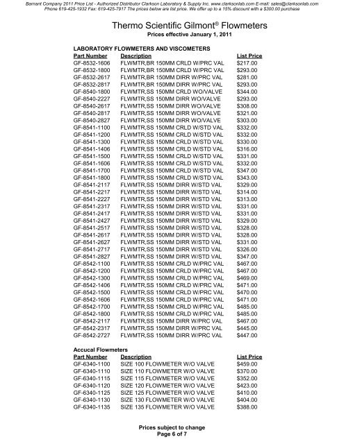 Barnant Company 2011 Price List - Authorized Distributor Clarkson ...