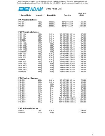 Adam Equipment 2013 Price List - Clarkson Laboratory and Supply