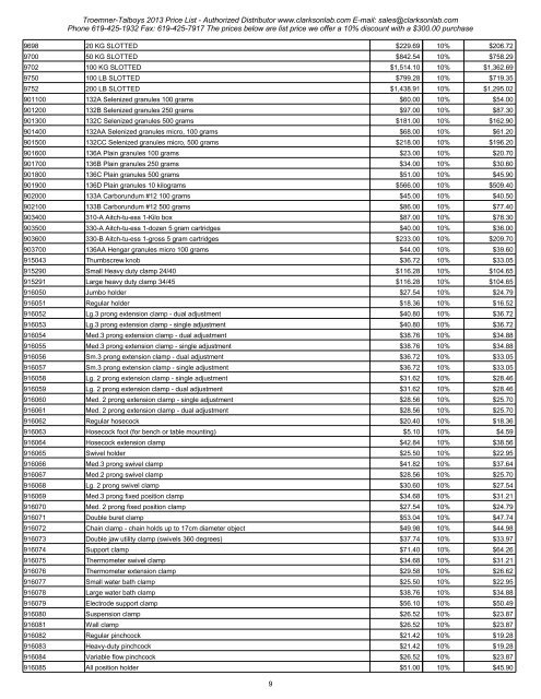 Troemner-Talboys 2013 Price List - Clarkson Laboratory and Supply