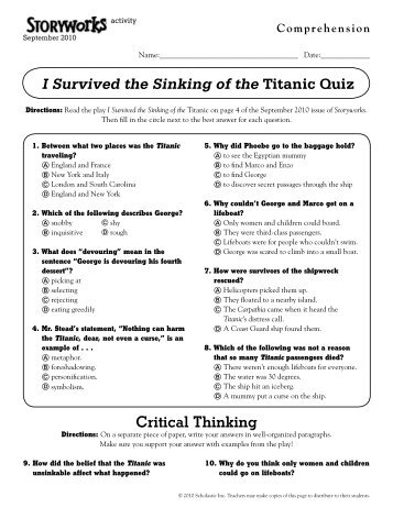 I Survived the Sinking of the Titanic Quiz Critical Thinking - Scholastic