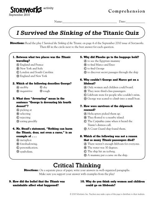 I Survived The Sinking Of The Titanic Quiz Critical Thinking