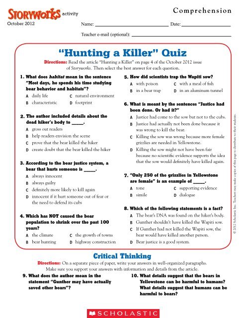 ?Hunting a Killer? Quiz - Storyworks Magazine - Scholastic