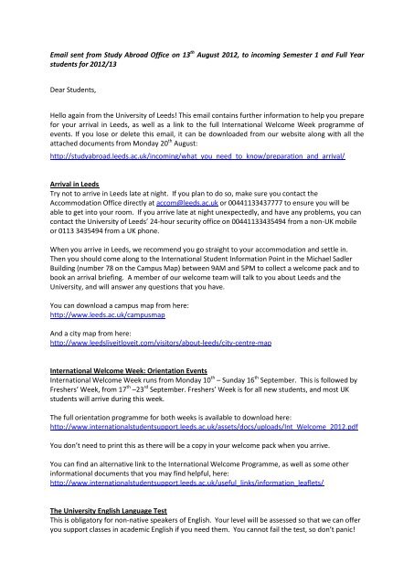 Email sent from Study Abroad Office on 13th August 2012, to ...