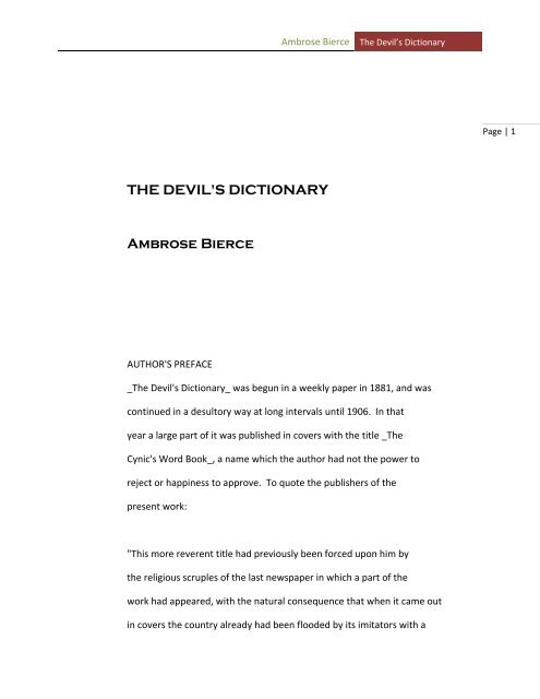 THE DEVIL'S DICTIONARY Ambrose Bierce - Sunny Hills High School
