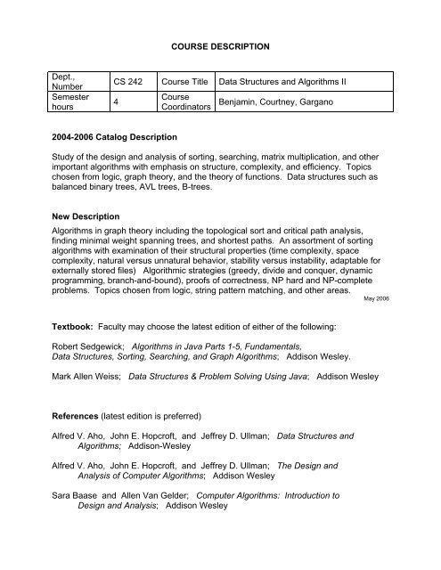 COURSE DESCRIPTION Dept., Number CS 242 Course Title Data ...