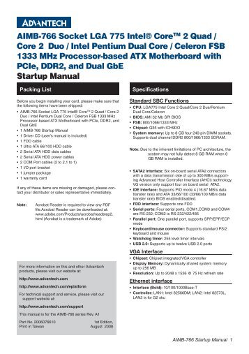 AIMB-766 Socket LGA 775 Intel® CoreTM 2 Quad / Core 2 Duo ...