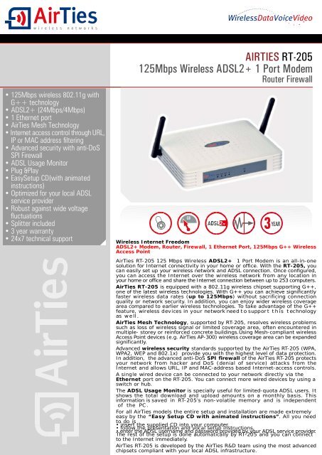 AIRTIES RT-205 125Mbps Wireless ADSL2+ 1 Port ... - Cosmodata