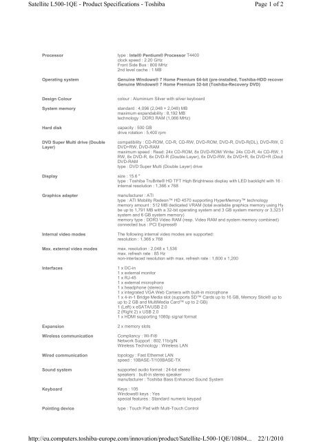 Page 1 of 2 Satellite L500-1QE - Product Specifications - Toshiba 22 ...