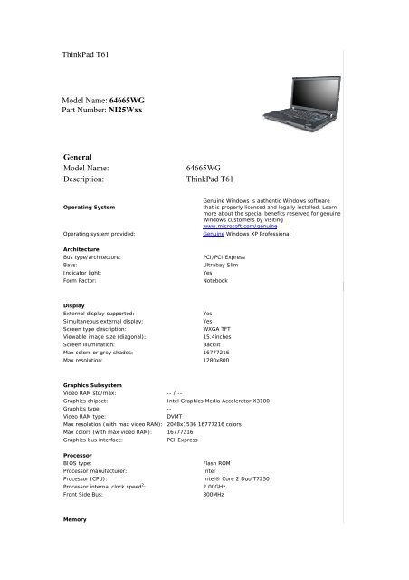 ThinkPad T61 Model Name: 64665WG Part Number: NI25Wxx ...