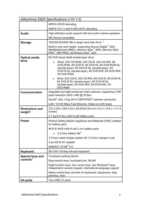 eMachines E6625 Specification - CNET Content Solutions