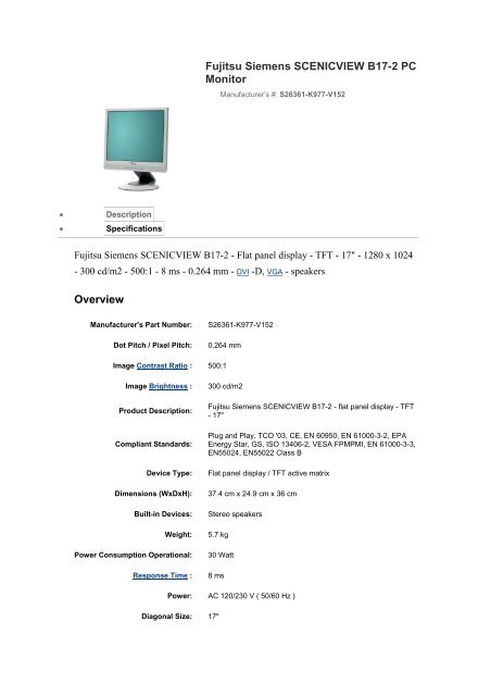 Fujitsu Siemens SCENICVIEW B17-2 PC Monitor Overview