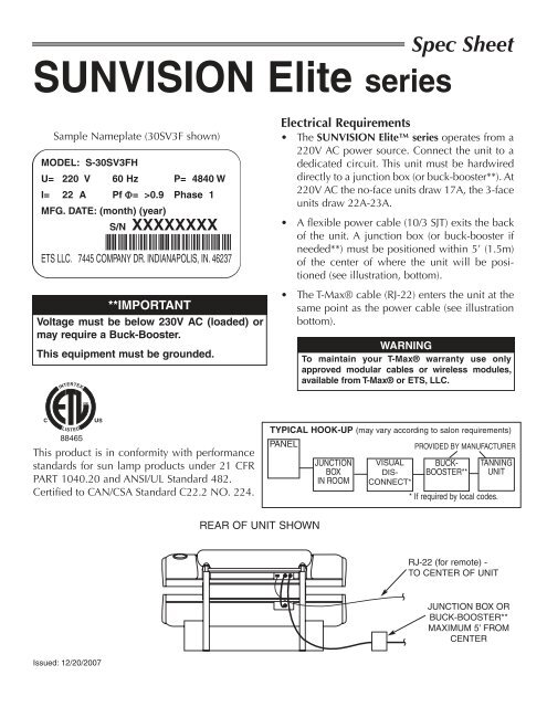 Spec Sheet SUNVISION Elite series - Tanning-bed-parts.com