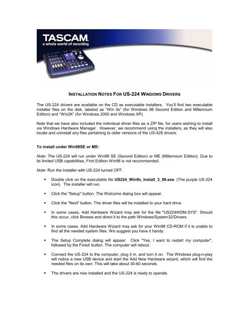 INSTALLATION NOTES FOR US-428 WINDOWS DRIVERS - Tascam