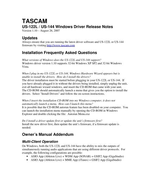 US-122L & US-144 Windows Drivers v. 1.10 Release - Tascam