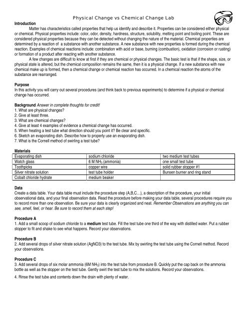 Physical Change vs Chemical Change Lab Introduction ... - Teacher