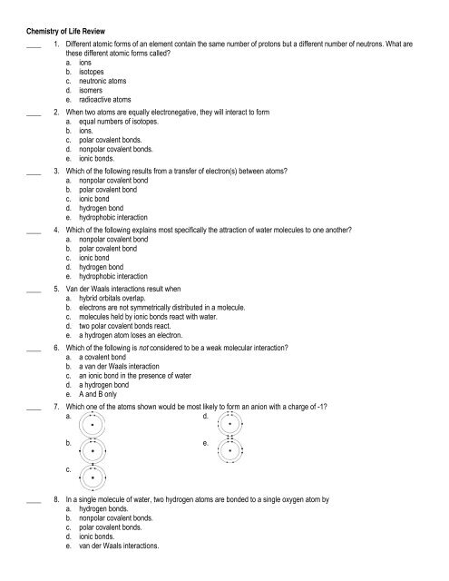 Chemistry of Life Review ____ 1. Different atomic forms of ... - Teacher