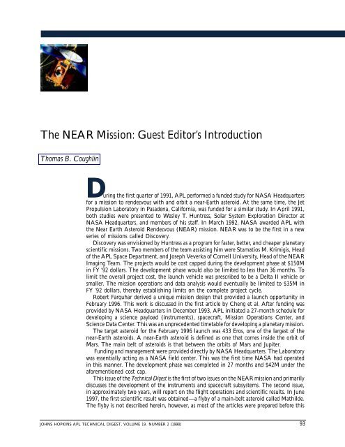 The NEAR Mission: Guest Editor's Introduction - Johns Hopkins APL ...