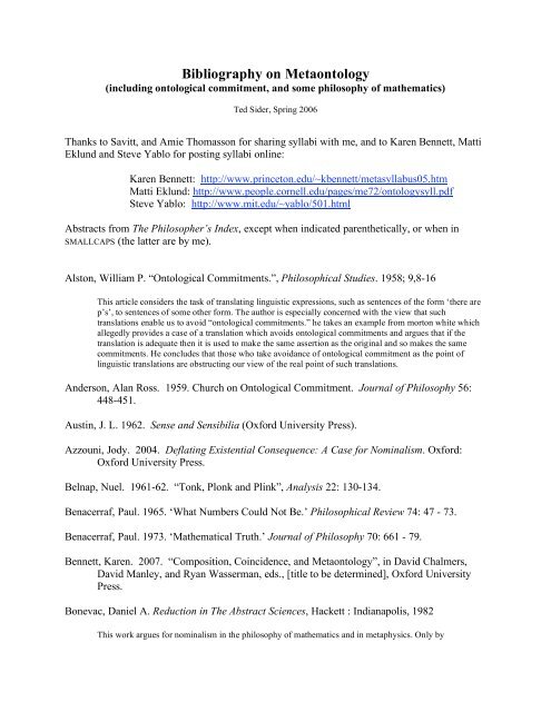 Bibliography on Metaontology - Ted Sider