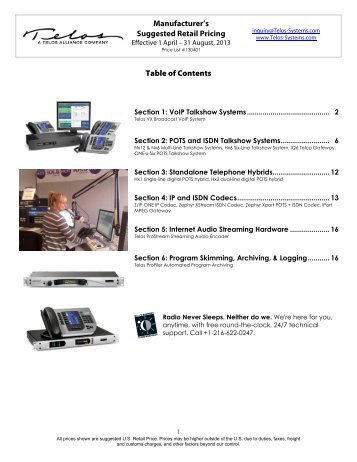 Table of Contents Manufacturer's Suggested Retail Pricing - Telos