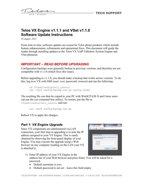 Telos VX Engine v1.1.1 and VSet v1.1.0 Software Update Instructions