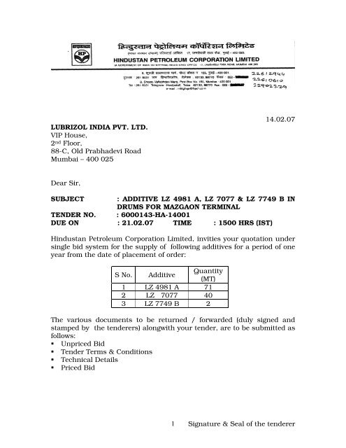 Signature Seal Of The Tenderer 1 14 02 07 Lubrizol India Pvt