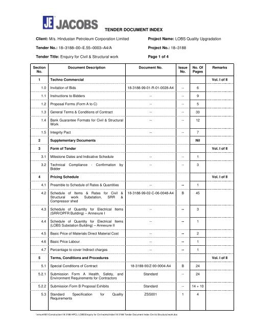 tender document index - Hindustan Petroleum Corporation Limited