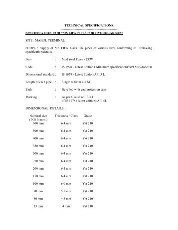 specification for "ms erw pipes for hydroc