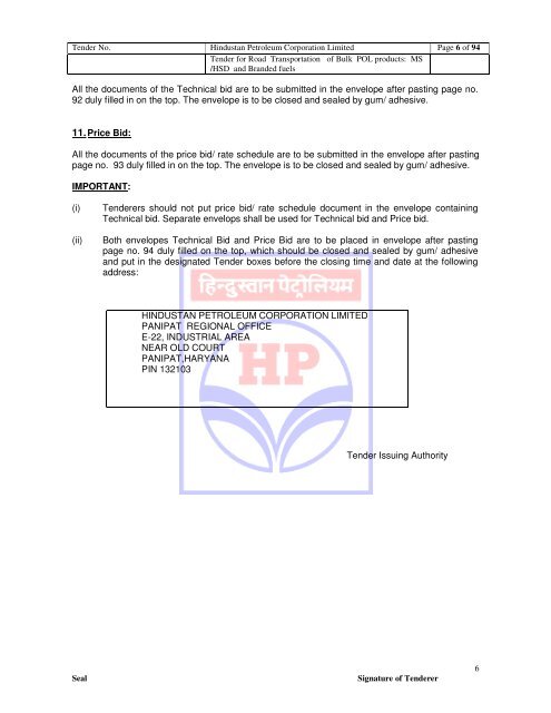 tender no: hpc/nz/bahadurgarh/bulk/pol/2012-13/1 technical bid
