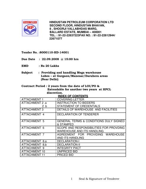 1 Seal & Signature of Tenderer HINDUSTAN PETROLEUM ...