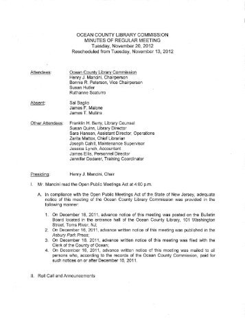 OCEAN COUNTY LIBRARY COMMISSION MINUTES OF REGULAR ...