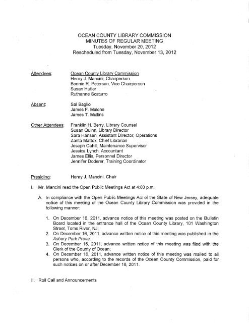 OCEAN COUNTY LIBRARY COMMISSION MINUTES OF REGULAR ...