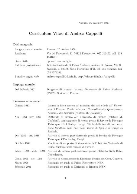 Curriculum Vitae di Andrea Cappelli - Infn
