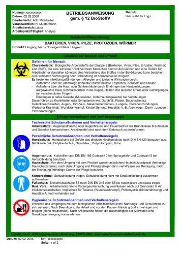 BETRIEBSANWEISUNG gem. § 12 BioStoffV