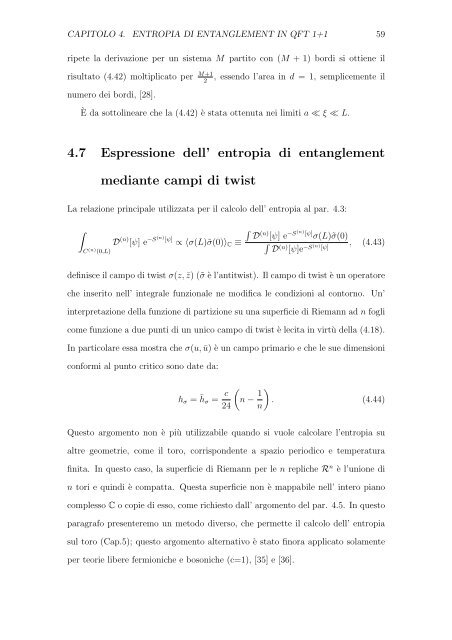 entropia di entanglement in teorie invarianti conformi bidimensionali