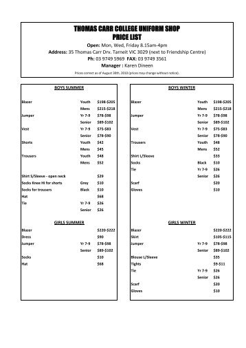 THOMAS CARR COLLEGE UNIFORM SHOP PRICE LIST