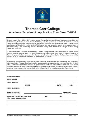 Scholarship Application for Year 7 2014 - Thomas Carr College