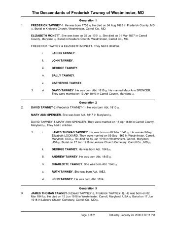 The Descendants of Frederick Tawney of Westminster, MD