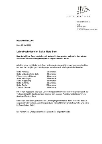 Lehrabschlüsse im Spital Netz Bern - Spital Tiefenau - Spital Netz ...