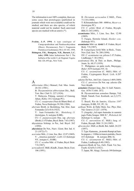 A type catalogue of Campylopodioideae and ... - Tropical Bryology