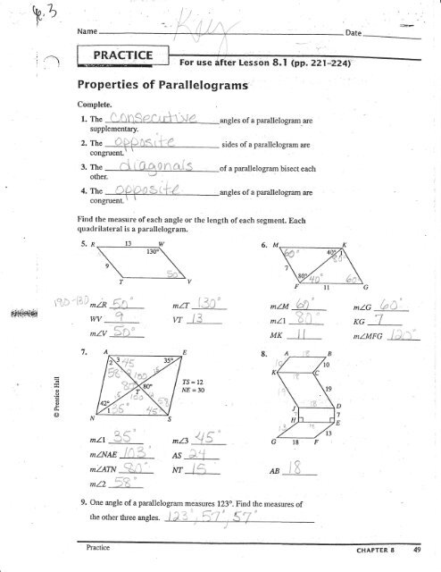 Properties of rhombus and parallelograms ws answers