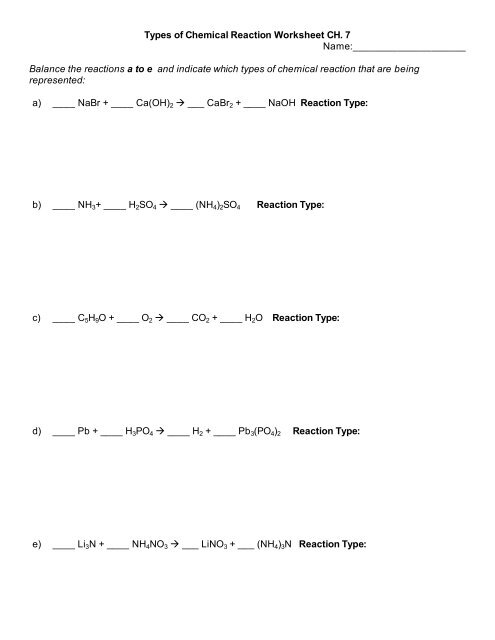 Types of Chemical Reaction Worksheet CH. 7 Name: Balance the ...