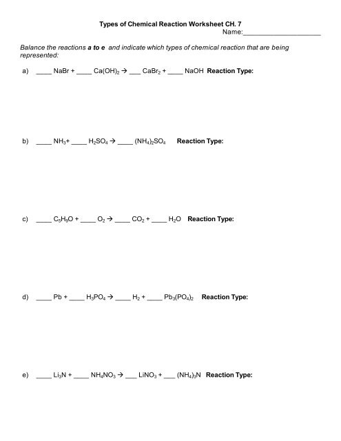 Types of Chemical Reaction Worksheet CH. 7 Name: Balance the 